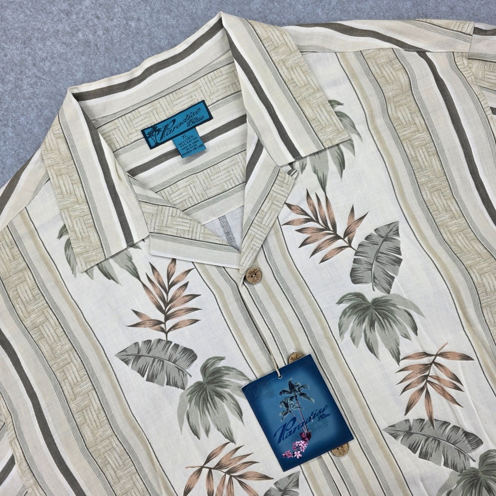 Paradise Blue Men's XL Linen Rayon Tropical Palm Leaf Striped Button Up Shirt‎